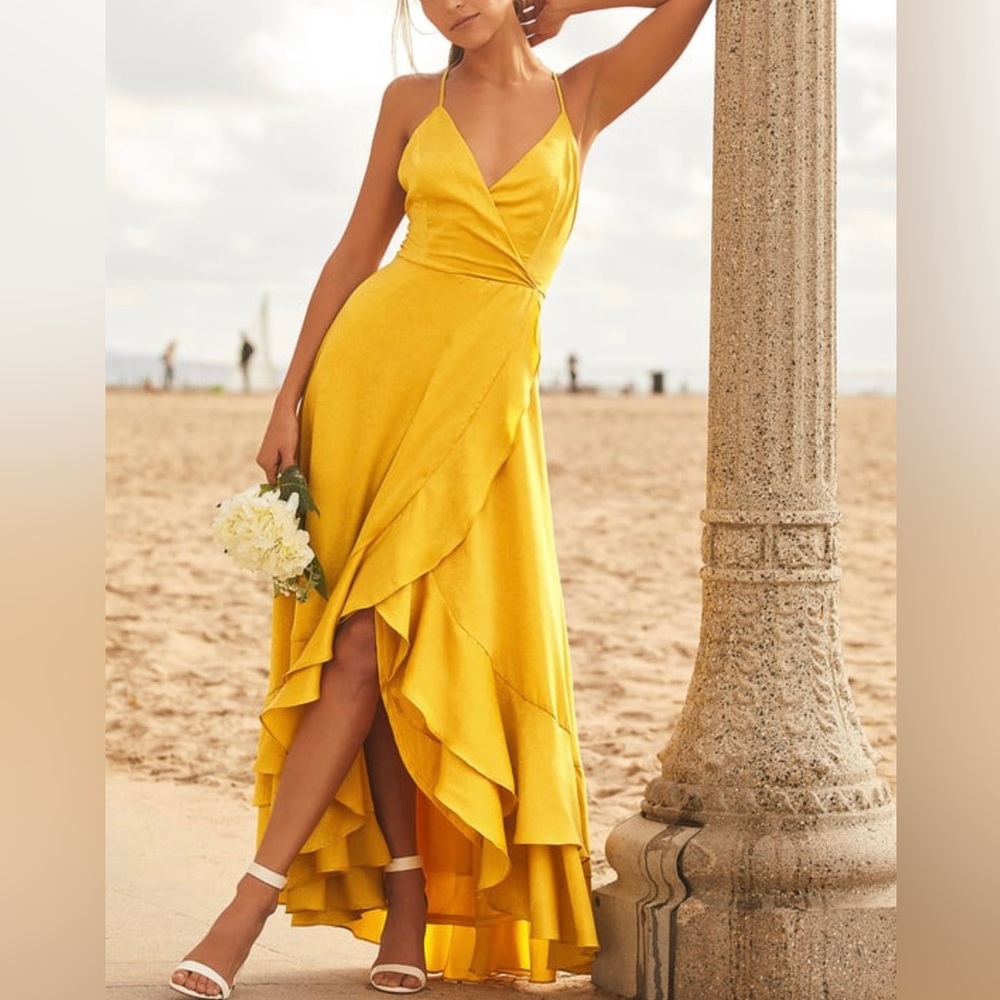 LuLus In Love Forver Mustard Yellow Satin Lace-Up High Low Maxi